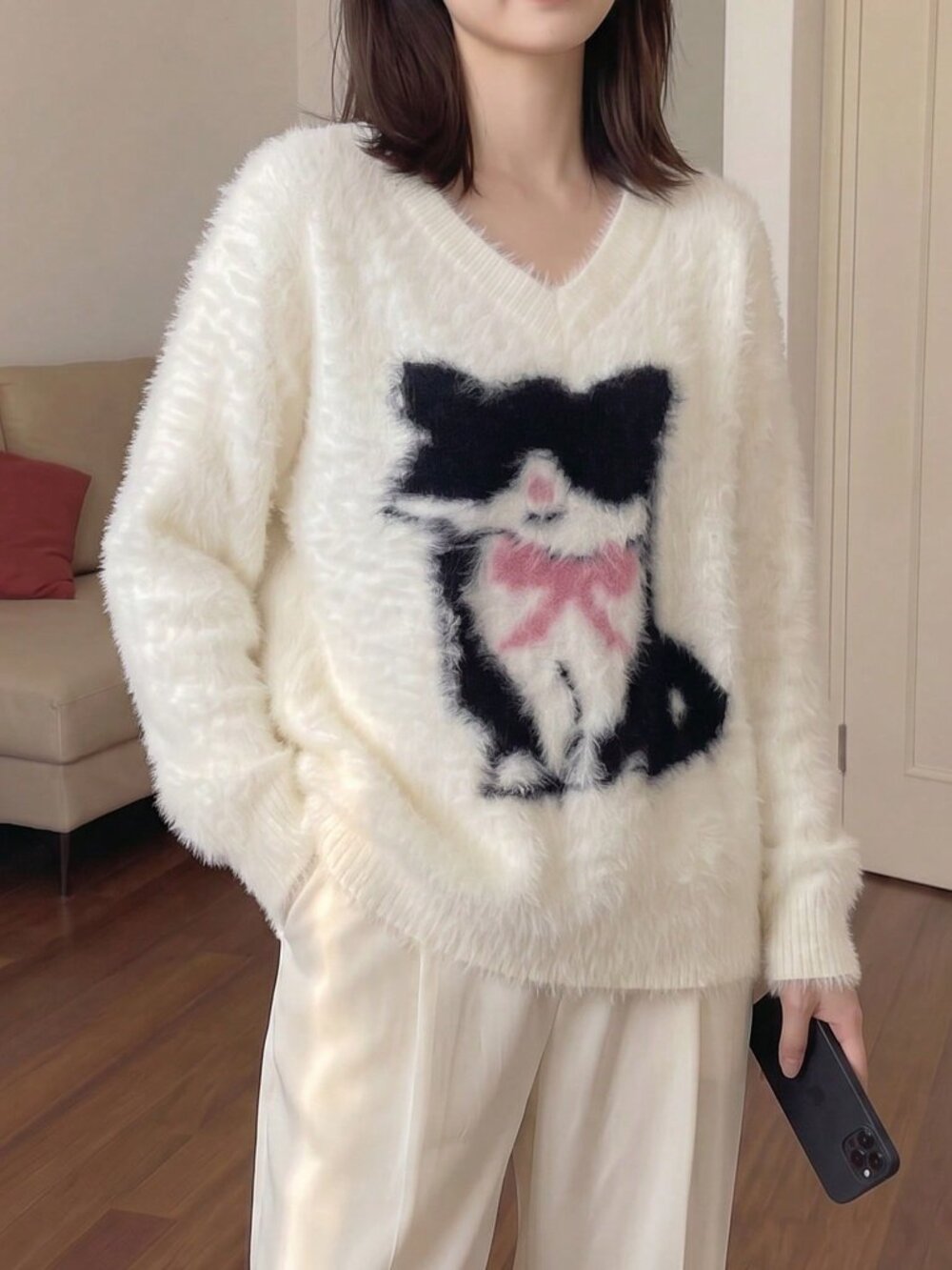 White Casual Women's Korean Loose Fuzzy Drop Shoulder Long Sleeve Pullover Dress